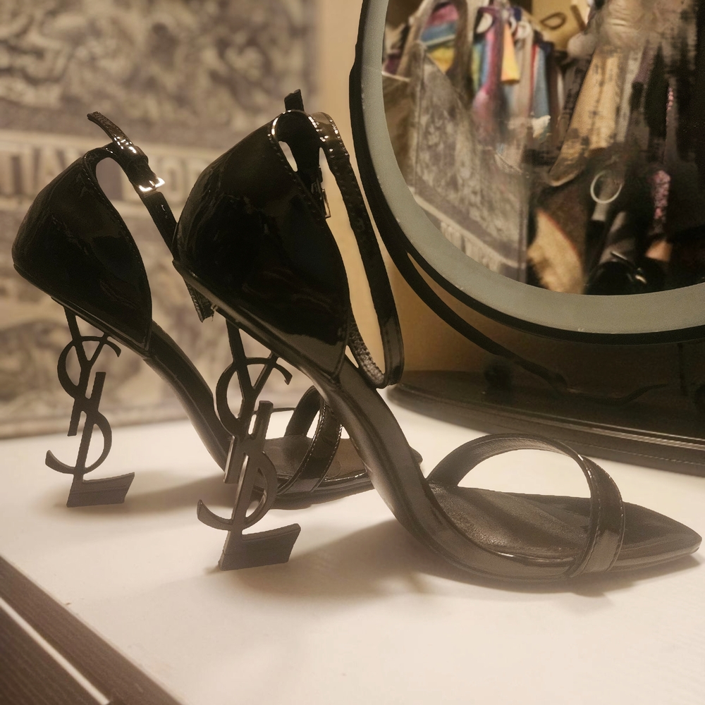 Opyum YSL Logo-Heel Sandals with Black Hardware